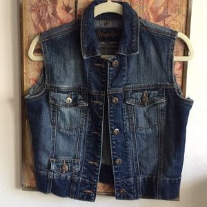 VINTAGE Y2K 90s JEAN JACKET VEST YOUNGIQUE STRETCH BOHO DISTRESS DENIM JEAN VEST